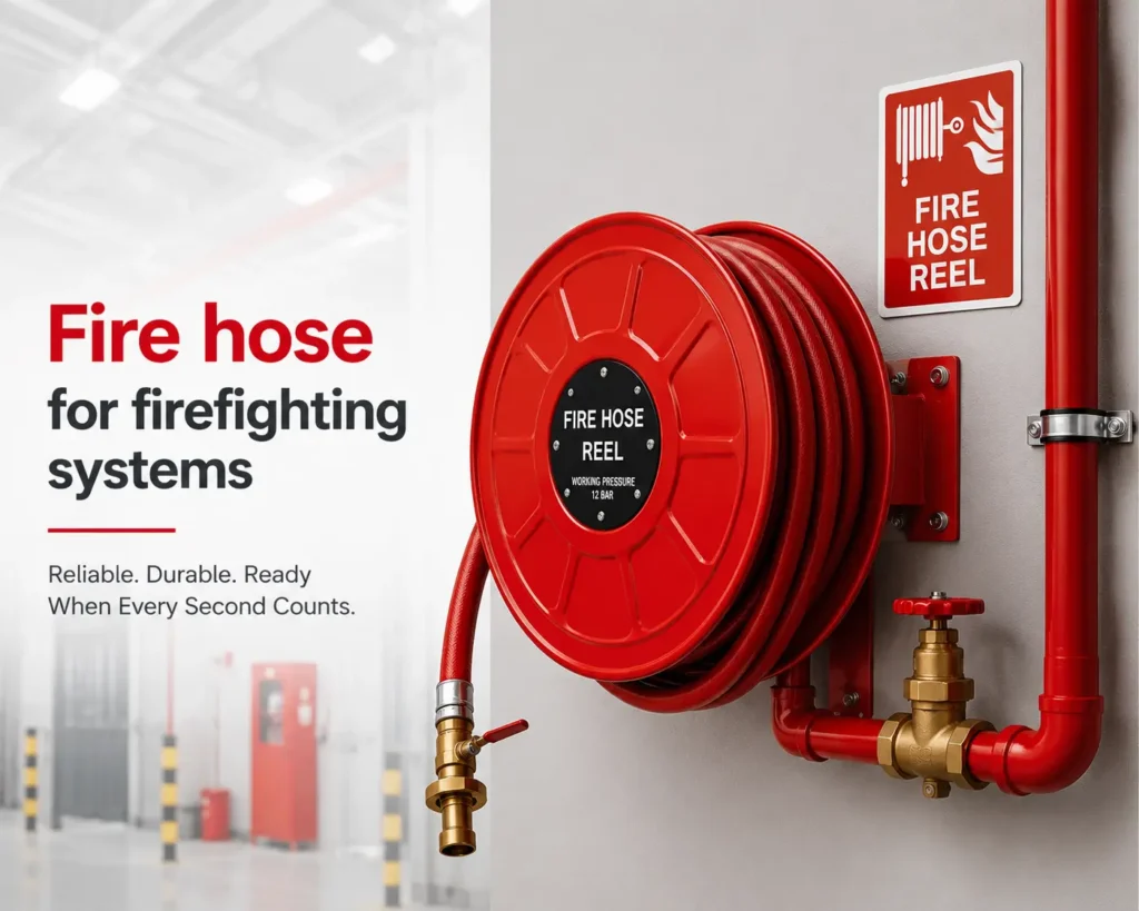 Fire hose reel system installed for professional firefighting and safety protection