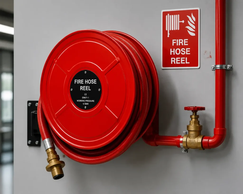 Fire hose reel system installed for industrial and commercial fire safety protection