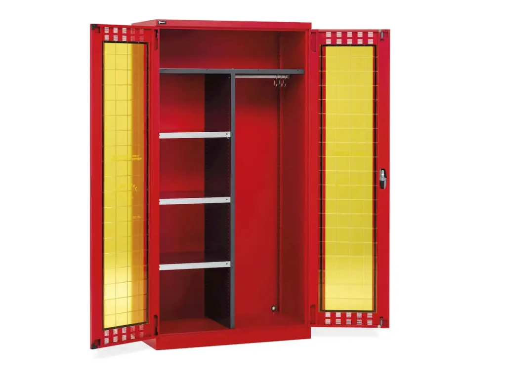 Fire equipment storage cabinet for organized fire safety equipment protection