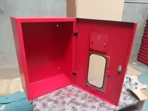 Red metal fire extinguisher cabinet for industrial and commercial fire safety equipment storage