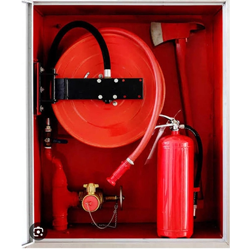 Fire hose reel and extinguisher cabinet system for emergency fire protection