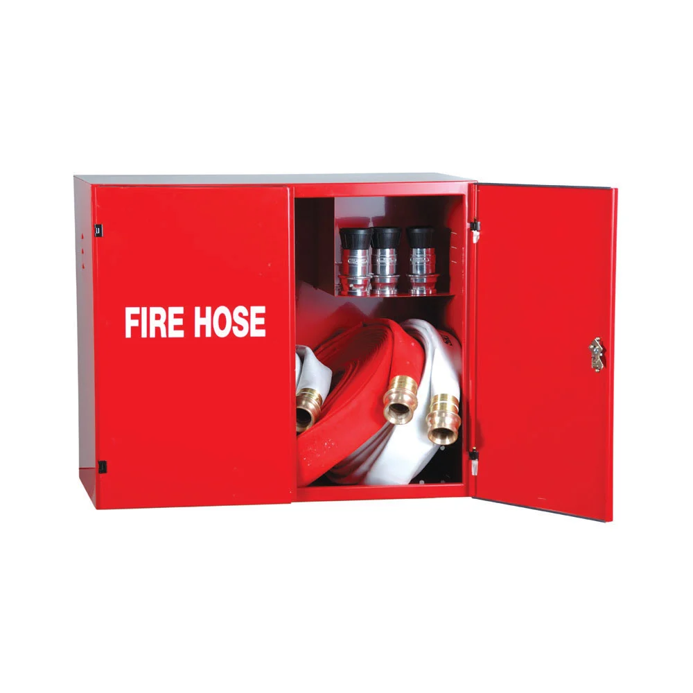 Fire hose storage cabinet system for industrial and commercial fire safety protection
