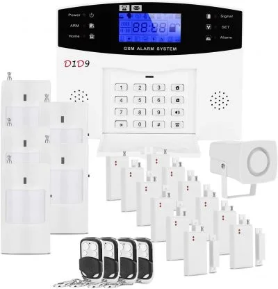 GSM burglar alarm system kit with control panel, motion sensors, door sensors, siren and remote controls by Techno-Inn Pakistan
