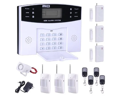 GSM wireless burglar alarm kit with control panel, motion sensors, door sensors, siren and remote controls by Techno-Inn Pakistan