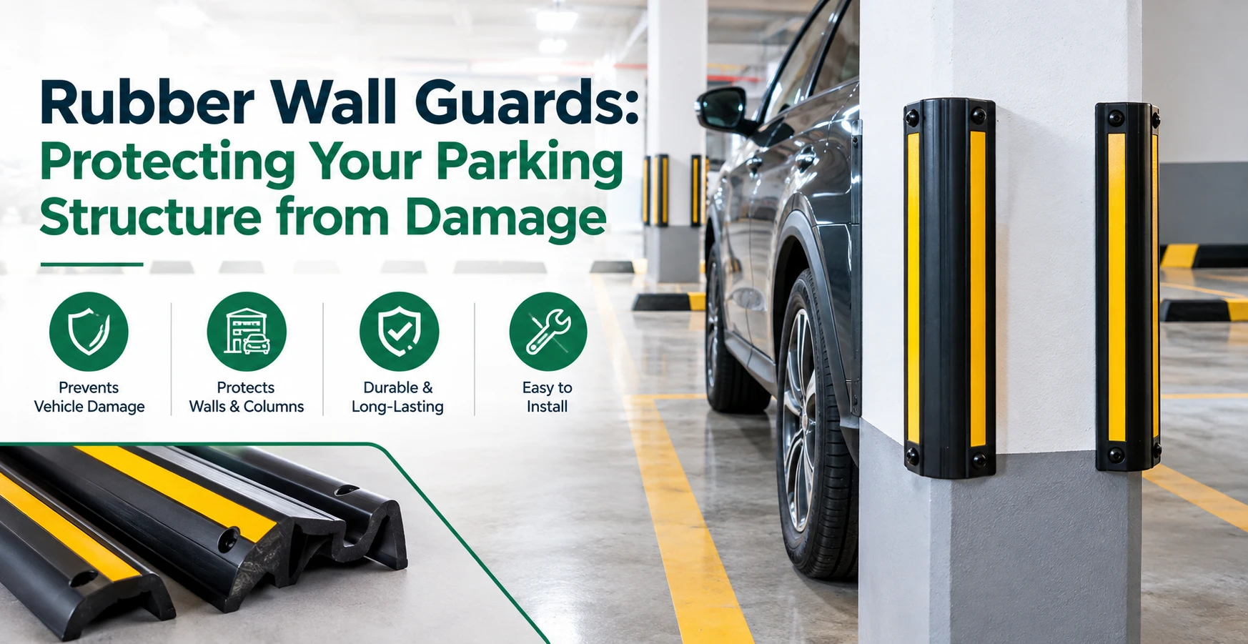 Rubber wall guards protecting parking structure walls, columns, and vehicles from accidental impact and damage