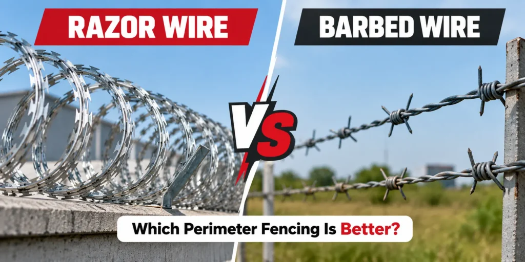 Side-by-side comparison of coiled razor wire on a concrete wall and traditional barbed wire fencing for perimeter security.