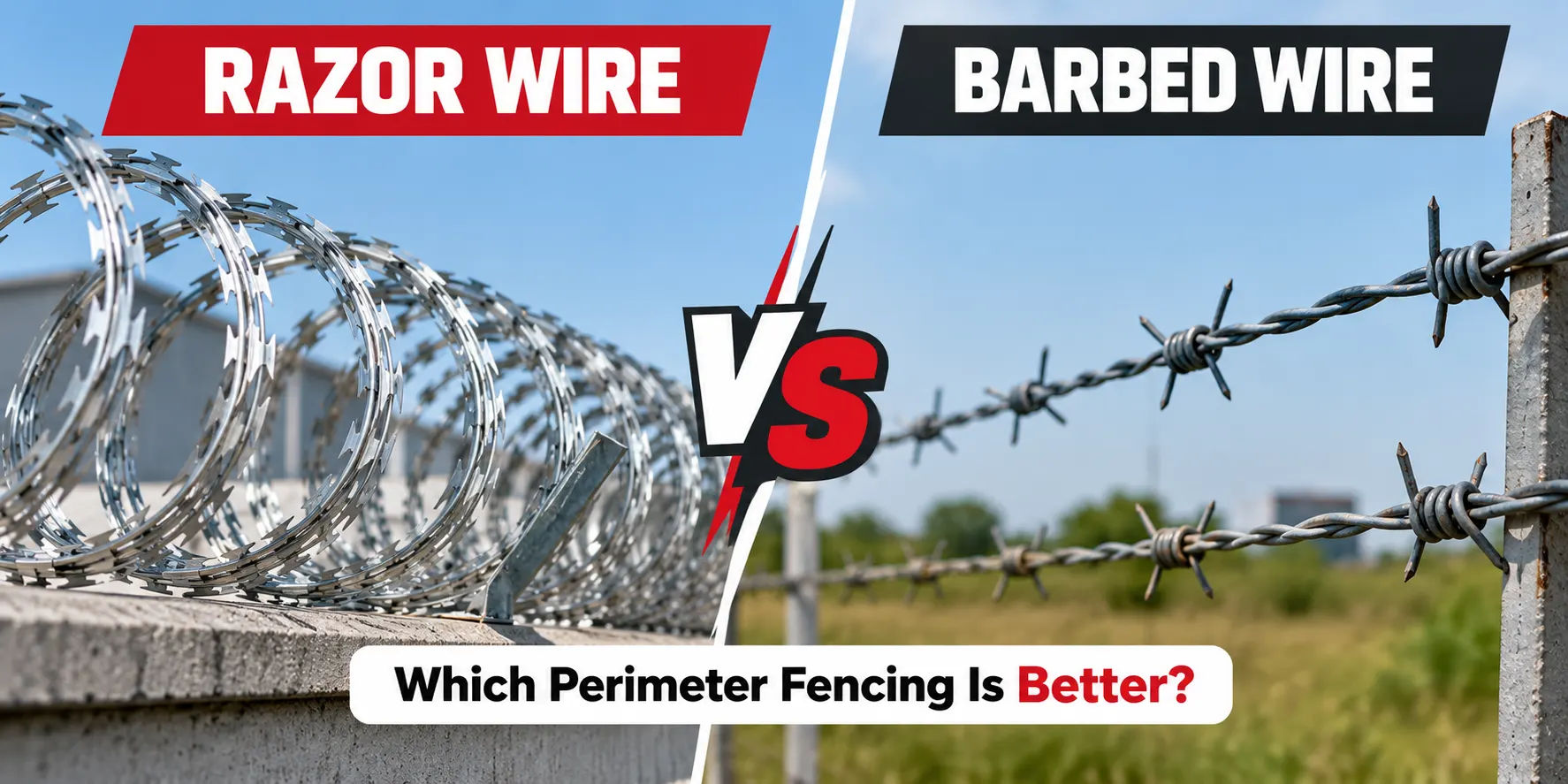 Side-by-side comparison of coiled razor wire on a concrete wall and traditional barbed wire fencing for perimeter security.